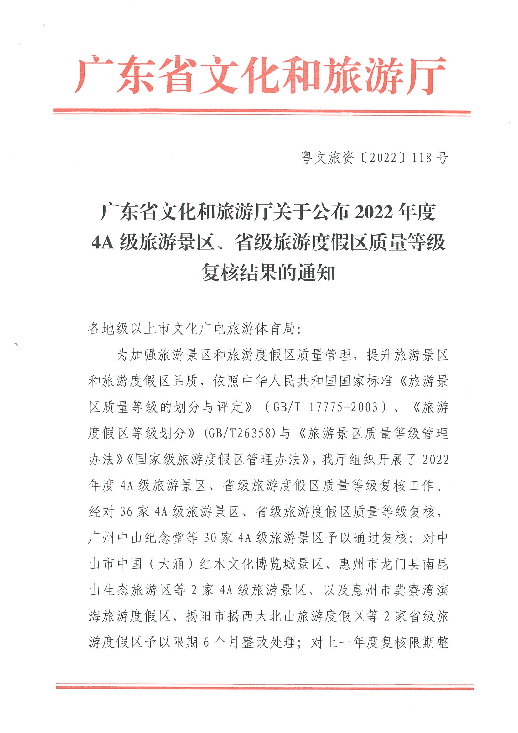 广东省文化和旅游厅关于公布2022年4A级旅游景区、省级旅游度假区质量等级复核结果的通知_页面_1.jpg